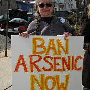 Activist holds a sign "Ban Arsenic Now"