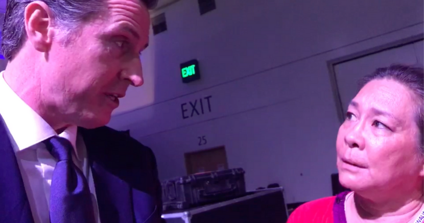 In June 2019, Governor Gavin Newsom promises Food & Water Action support Jane Fowler that he's working to shut down Aliso Canyon.