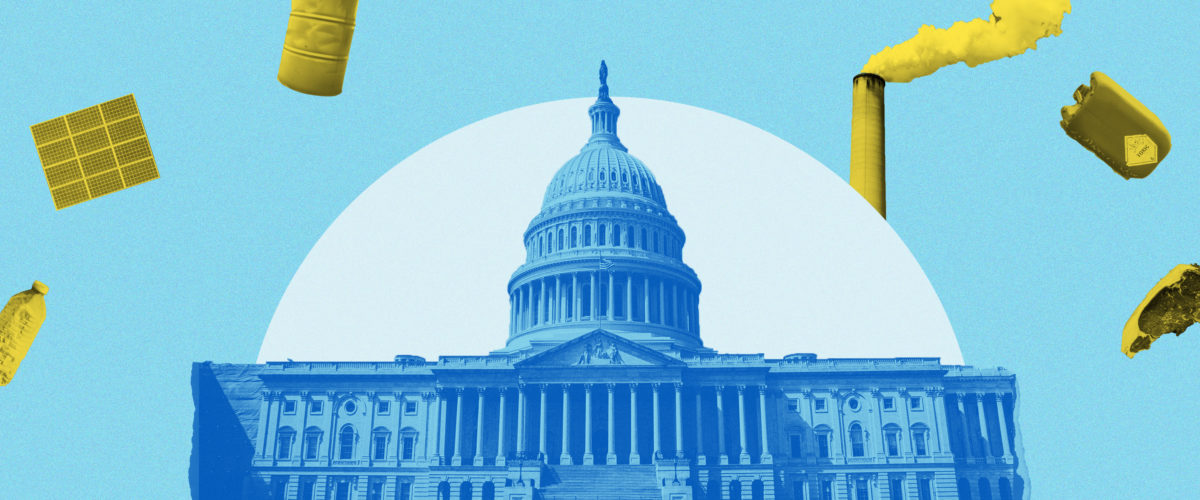 In a collage, a plastic water bottle, an oil drum, a solar panel, a smoke stack, a barrel labelled "toxic" and a cut of meat float around the U.S. Capitol building.