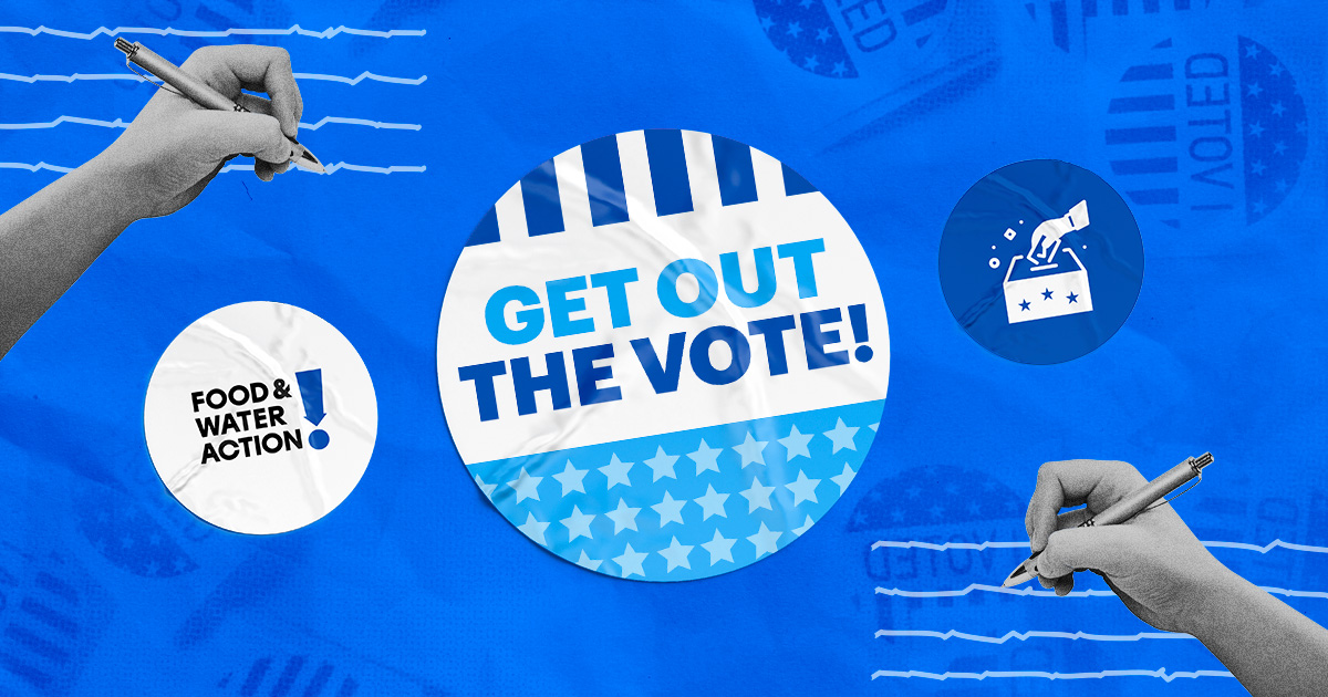 Get Out The Vote sticker on a blue background, surrounded by hands writing lines