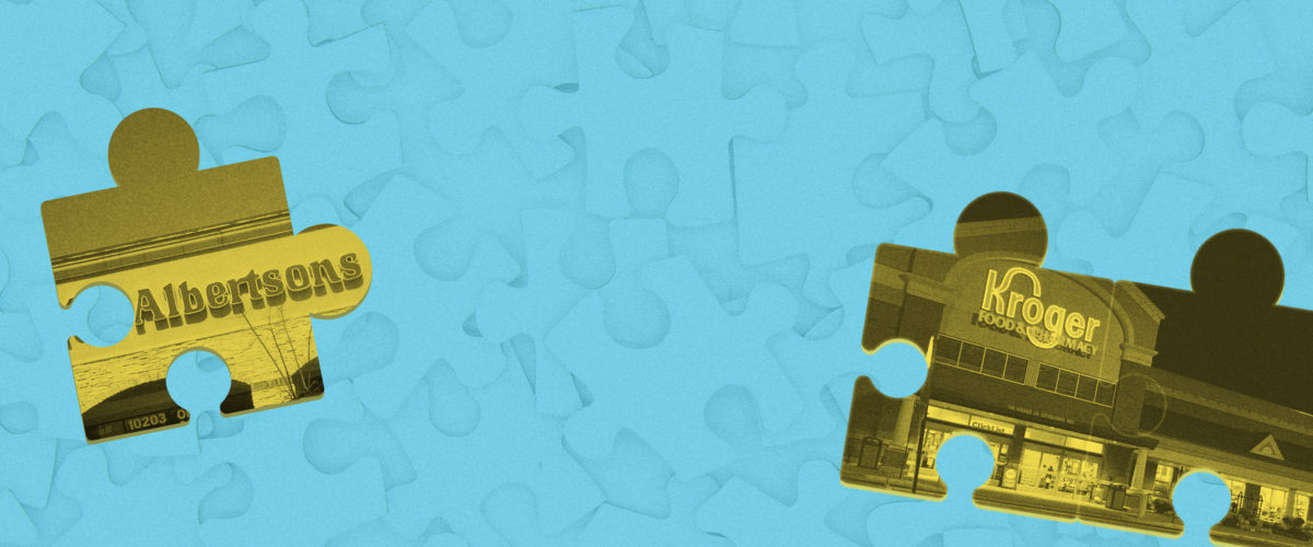 On the right, a puzzle piece depicting an Albertsons store; on the right, a puzzle piece depicting a Kroger's. Never the twain shall meet (we hope).