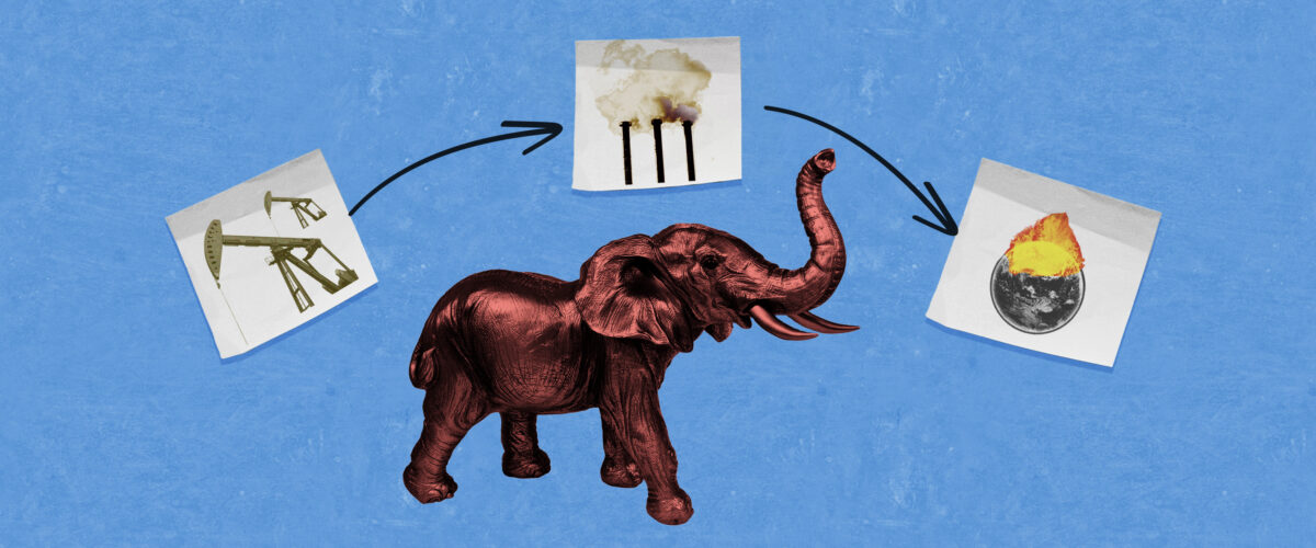 An elephant below three sticky notes picturing an oil donkey, smokestacks, and the earth on fire.