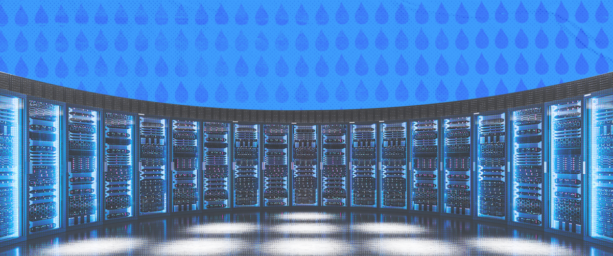 Racks of shiny servers in a data center with water behind them.